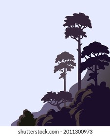 Pine tree on a cliff, rocky shore with tall trees. Vector illustration in flat cartoon style