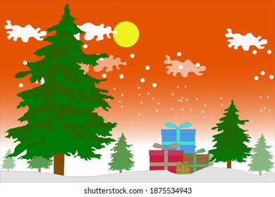 A pine tree on a snowy day with a box of gifts to see in the end of the year celebrations.