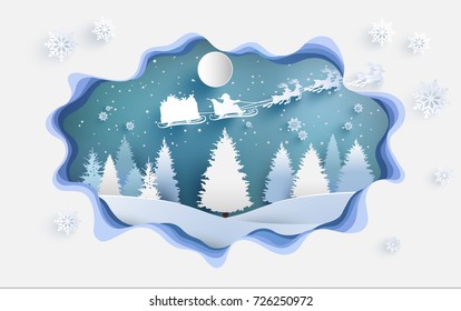 a pine tree on a snowy hill in winter. santa claus with gifts and deer flying over the clouds. design paper art and crafts