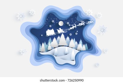 a pine tree on a snowy hill in winter. santa claus with gifts and deer flying over the clouds. design paper art and crafts