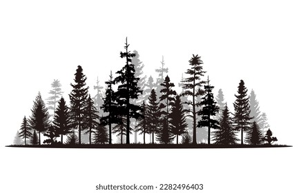 Pine tree panorama vector illustration set. Black silhouette landscape.