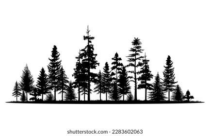 Pine tree panorama vector illustration set. Black silhouette.