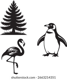pinheiro, pinguim, flamingo e lêmure em um estilo divertido e silhueta