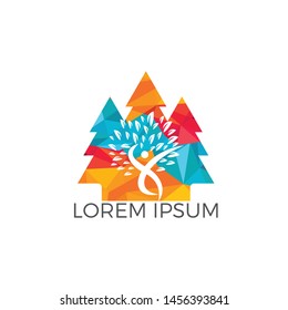 Pine tree people logo design. Healthy person people tree eco and bio icon human character icon nature care symbol.