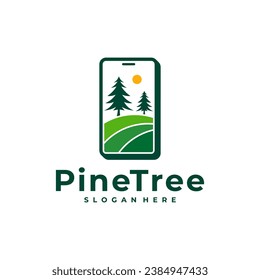Pine Tree with Phone logo design vector. Creative Pine Tree logo concepts template