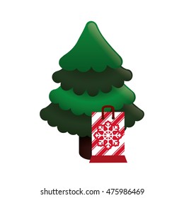 pine tree plant shopping bag snowflake striped merry christmas celebration decoration icon. Flat and Isolated design. Vector illustration