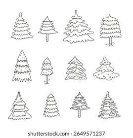 Pine tree png doodle abstract silhouette set on transparent background. minimalist Christmas tree tree silhouette. vector line art illustration.	
