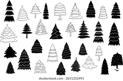 Pine tree png doodle abstract silhouette set on transparent background. minimalist Christmas tree tree silhouette. vector line art illustration.	
