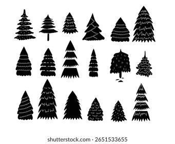 Pine tree png doodle abstract silhouette set on transparent background. minimalist Christmas tree tree silhouette. vector line art illustration.	
