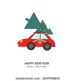 Pine tree racing car. New year tree cute Christmas greeting card
