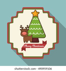 Pine tree and reindeer inside frame icon. Merry Christmas season celebration and decoration theme. Colorful design. Vector illustration
