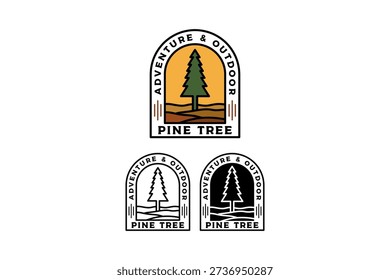Pine tree retro badge logo design set for adventure. Conifer forest tree vintage patch symbol pack for camping. Woodland evergreen tree rustic emblem element designs for outdoor