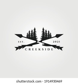 pine tree river logo landscape vector vintage illustration design