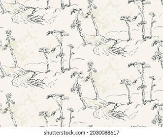 pine tree river vector japanese chinese nature ink illustration engraved sketch traditional textured seamless