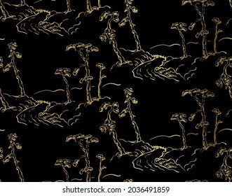 pine tree river vector japanese chinese nature ink illustration engraved sketch traditional textured seamless pattern black