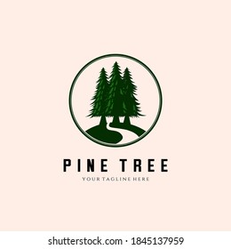 Pine Tree And River Vintage Logo Vector Template Illustration Design, Forest Vintage Logo Design