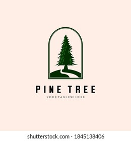 Pine Tree And River Vintage Logo Vector Template Illustration Design, Forest Vintage Logo Design