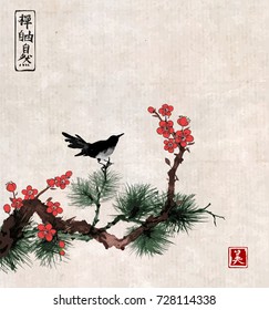 Pine tree, sakura cherry tree in blossom and little black bird on vintage rice paper background. Traditional oriental ink painting sumi-e, u-sin, go-hua. Hieroglyphs - zen, freedom, nature, beauty