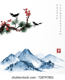 Pine tree, sakura, two birds and far blue mountains on white background. Traditional oriental ink painting sumi-e, u-sin, go-hua. Contains hieroglyph - happiness.