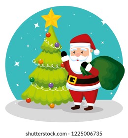 pine tree and santa claus with bag