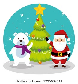 pine tree with santa claus and snow bear