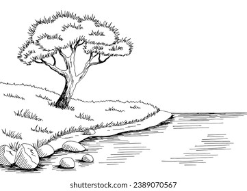 Pine tree sea coast graphic black white landscape sketch illustration vector 