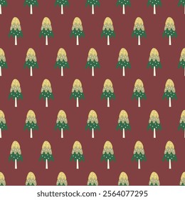 Pine tree seamless pattern for Christmas holidays. Winter woodland surface design of fir, conifer, spruce trees. Xmas décor texture on cordovan color background.