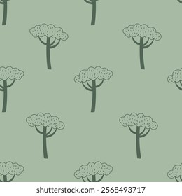 Pine Tree Seamless Pattern. Minimal hand drawn woodland background with coniferous evergreen plant. Environment Forest repeat vector illustration