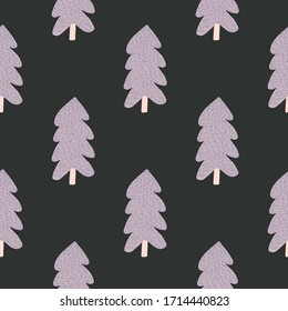 Pine tree seamless pattern on black background. Forest backdrop in doodle style. Design for fabric, textile print, wrapping paper. Simple vector illustration