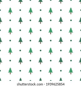 Pine tree seamless pattern vector on isolated white background. Cute cartoon pine trees, and decorative dots. Christmas, new year, and celebration concept design.