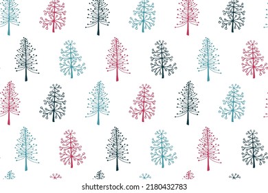 Pine tree seamless pattern vector holiday illustration. X-mas abstract trees isolates on white background. Hand drawn plants endless design. Wrapping paper print pattern. Simple nature.