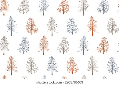 Pine tree seamless pattern vector holiday illustration. X-mas abstract trees isolates on white background. Hand drawn plants cute endless design. Gift wrapper print pattern. Simple nature.