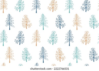 Pine tree seamless pattern vector holiday illustration. New year spruce trees isolates on white background. Hand drawn plant doodle endless design. Textile print pattern. Simple nature.