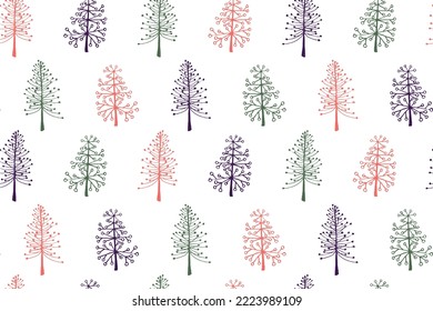 Pine tree seamless pattern vector holiday illustration. New year spruce trees isolates on white background. Hand drawn plants cute endless design. Wrapping paper print pattern. Simple nature.