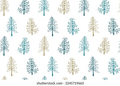 Pine tree seamless pattern vector holiday illustration. X-mas abstract trees isolates on white background. Hand drawn plants cute endless design. Gift wrapper print pattern. New Year plants.