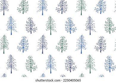 Pine tree seamless pattern vector holiday illustration. New year spruce trees isolates on white background. Hand drawn plants endless design. Gift wrapper print pattern. Conical plants.