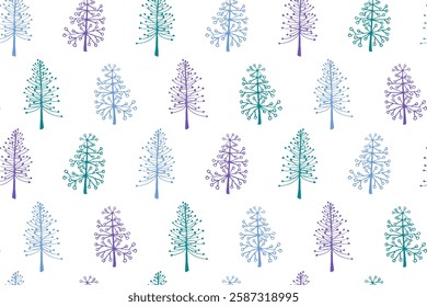 Pine tree seamless pattern vector holiday illustration. X-mas abstract trees isolates on white background. Hand drawn plant cartoon endless design. Fabric print pattern. Simple nature.