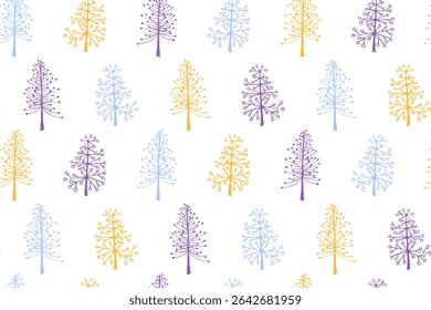 Pine tree seamless pattern vector holiday illustration. New year spruce trees isolates on white background. Hand drawn plant cartoon endless design. Scandinavian print pattern. Simple nature.