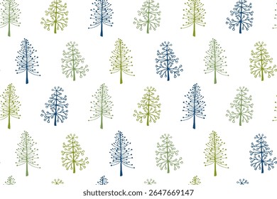 Pine tree seamless pattern vector holiday illustration. X-mas abstract trees isolates on white background. Hand drawn plant doodle endless design. Scandinavian print pattern. Conical plants.