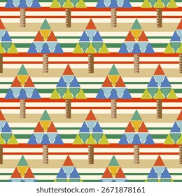 Pine tree seamless pattern.Beautiful Scandinavian woodland folk design.Geometric ornament.Abstract colorful background.Nature forest illustration for print decor,wallpaper,happy Christmas holiday.