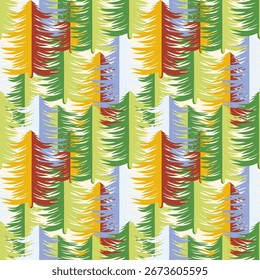 Patrón transparente de pino. Hermoso diseño popular de bosques escandinavos. Ornamento colorido. Fondo colorido Abstractas. Ilustración del bosque de Naturaleza para decoración de impresión, Fondo de pantalla, vacaciones de Navidades felices.