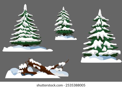 Vector de conjunto de pino, conjunto de tres pinos y un árbol caído cubierto de nieve ilustración plana simple para el invierno o Navidades diseño temático