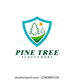 Pine Tree with Shield logo design vector. Creative Pine Tree logo concepts template