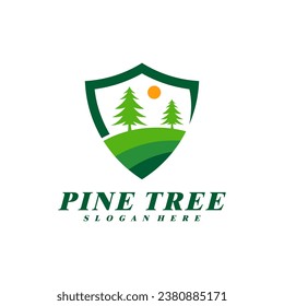 Pine Tree with Shield logo design vector. Creative Pine Tree logo concepts template