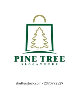 Pine Tree with Shop logo design vector. Creative Pine logo concepts template