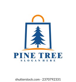 Pine Tree with Shop logo design vector. Creative Pine logo concepts template