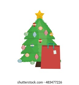 Pine tree and shopping bag icon. Merry Christmas season decoration figure theme. Isolated design. Vector illustration