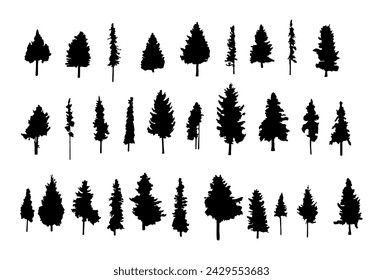Kiefernbaum Silhouette Sammlung auf weißem Hintergrund.Fichte Baum Silhouette Set auf weißem Hintergrund