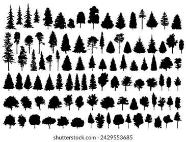 Pine tree silhouette collection on white background.Spruce tree silhouette set on white background