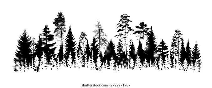 Pine Baum Silhouette Konzept. Minimalistische Kreativität und Kunst mit Christbäumen. Ökosystem und Umwelt. Vorlage und Muster. Cartoon, flache Vektorgrafik einzeln auf weißem Hintergrund